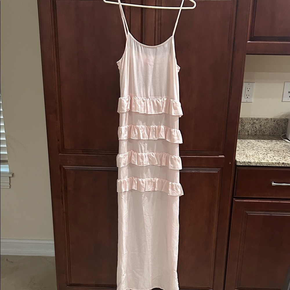 The Games We Play Pink 100% Silk Ruffle Maxi Dress